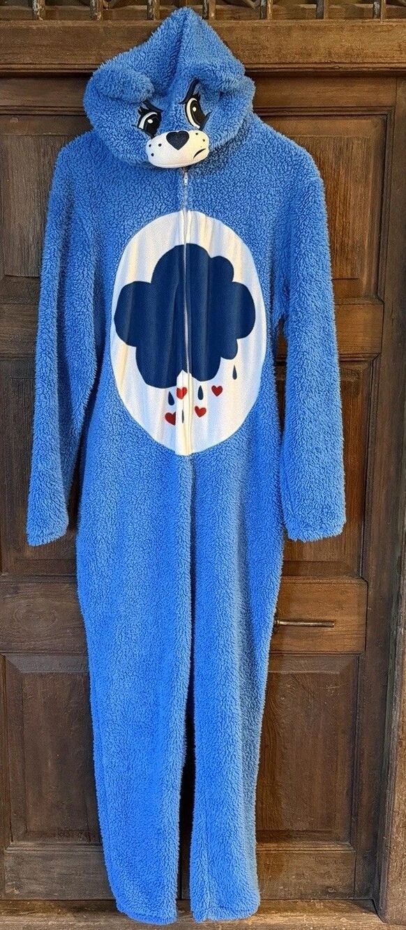 Care Bears Blue Grumpy Bear Rain Cloud Adult Sz SML Fleece Romper costume Pajama